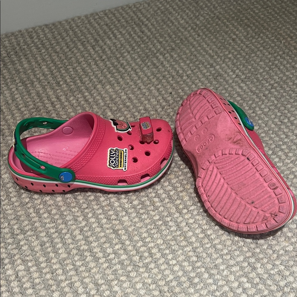 CROCS Kids Pink Sandals with Green Accents